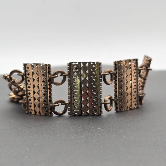 VTG Solid Copper Panel Link Bracelet 7" Geometric Cutout Designs Hook Clasp 50s - Picture 8 of 14